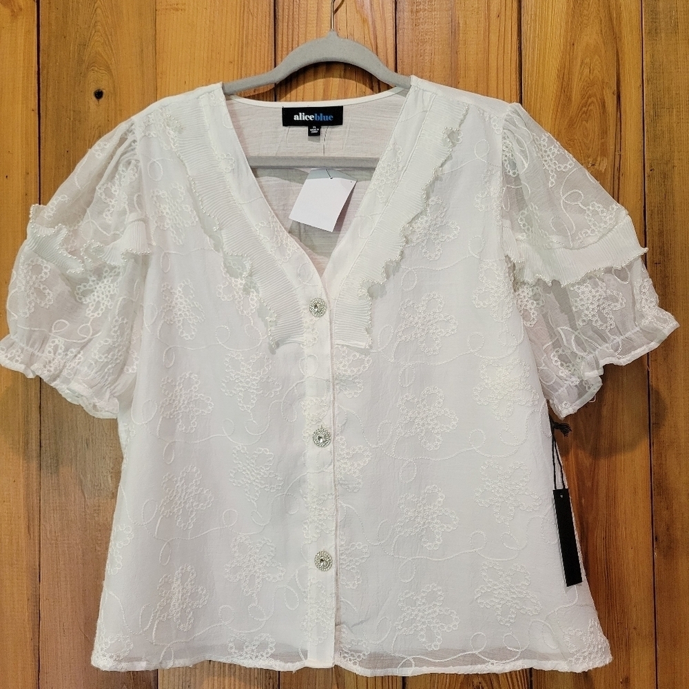Alice Blue White Lace Button-Front V-Neck Top